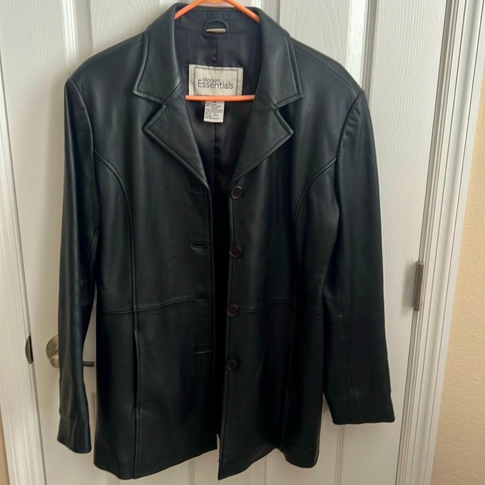 Modern Essentials Black‎ Leather Jacket Button Front Coat Medium